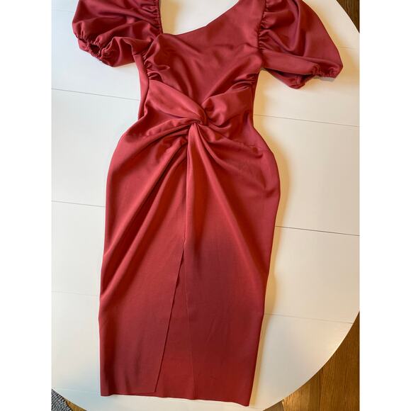 Asos Design Asymmetric Puff Sleeve Knot Tuck Midi Dress Sz 6 Sheath Terracotta - Picture 7 of 12